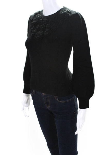 Co. Womens Floral Applique Crew Neck Sweater Black Wool Size Extra Small