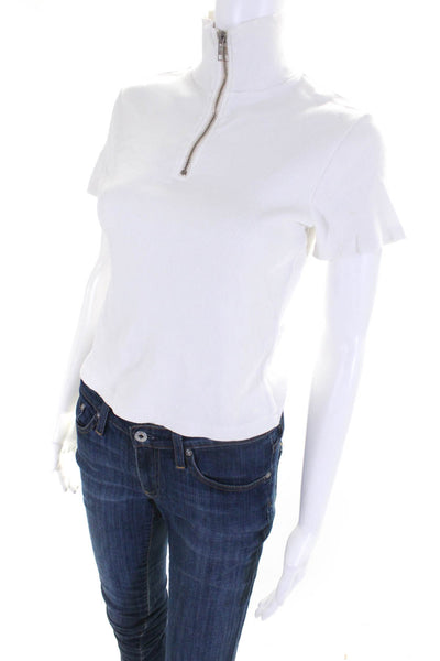 Amo Womens Ribbed Half Zipper Short Sleeves Blouse White Cotton Size Extra Small