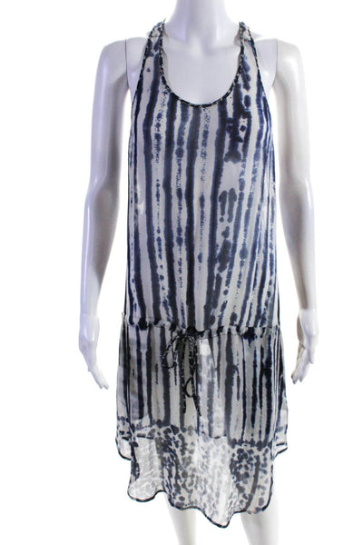 Rozae RN Womens Scoop Neck Abstract Sheer Silk Dress Blue White Size Extra Small