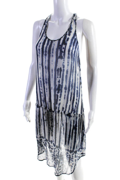 Rozae RN Womens Scoop Neck Abstract Sheer Silk Dress Blue White Size Extra Small