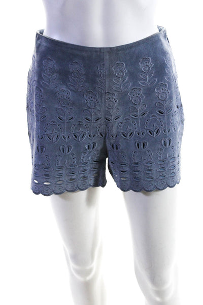 Intermix Womens Side Zip Embroidered Scalloped Suede Shorts Blue Size Petite