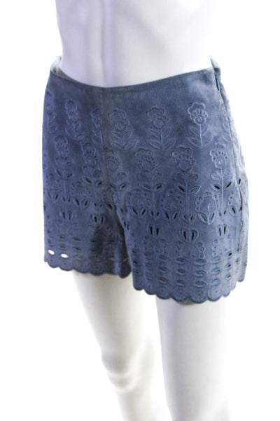 Intermix Womens Side Zip Embroidered Scalloped Suede Shorts Blue Size Petite