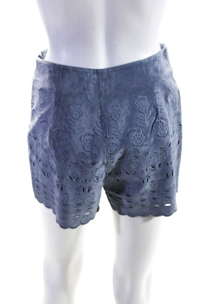 Intermix Womens Side Zip Embroidered Scalloped Suede Shorts Blue Size Petite