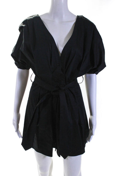 Johansen Women's Belted Puff Sleeve V Neck Button Front Mini Dress Black Size XS