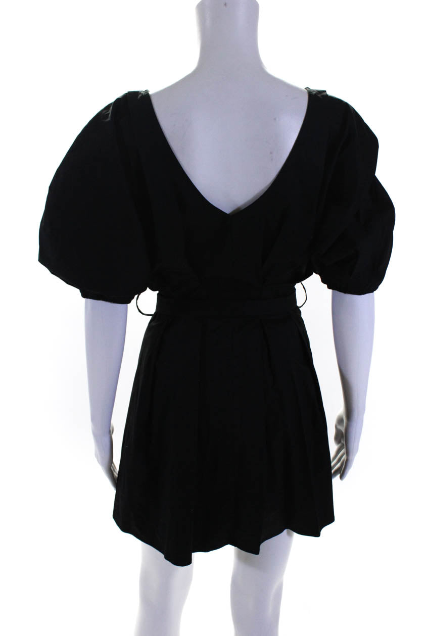 Women's V-Neck Button-Front Black Mini Dress