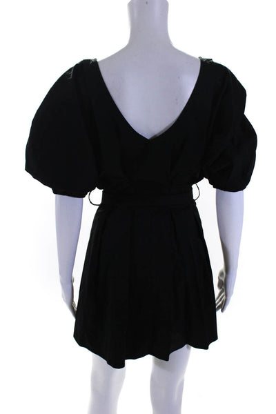 Johansen Women's Belted Puff Sleeve V Neck Button Front Mini Dress Black Size XS