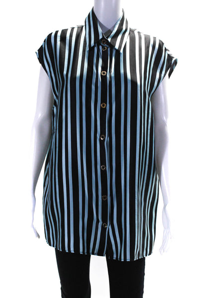 Emanuel Ungaro Womens Silk Satin Striped Collared Button Up Blouse Blue Size 12