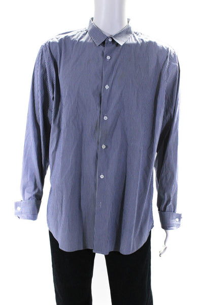 Theory Mens Cotton Striped Long Sleeve Collared Button-Down Shirt Blue Size XXL