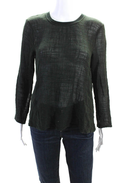 Enza Costa Womens Back Pleated Sheer Texture Long Sleeve Blouse Top Green Size M
