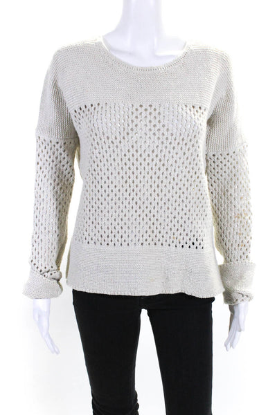 Theory Womens Cotton Open-Knit Long Sleeve Pullover Sweater Beige Size Medium