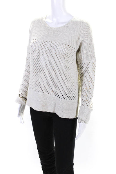 Theory Womens Cotton Open-Knit Long Sleeve Pullover Sweater Beige Size Medium