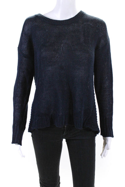 J Crew Womens Linen Knit Crew Neck Long Sleeve Sweater Top Navy Blue Size S