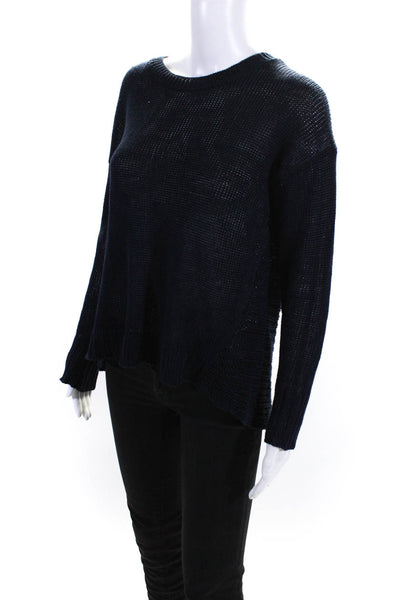 J Crew Womens Linen Knit Crew Neck Long Sleeve Sweater Top Navy Blue Size S