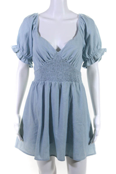 Abbeline Womens Tie Back Puff Sleeve V Neck Denim Mini Dress Blue Size Large