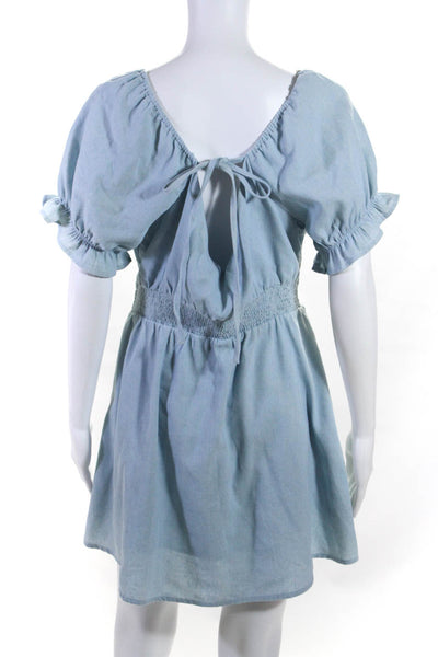 Abbeline Womens Tie Back Puff Sleeve V Neck Denim Mini Dress Blue Size Large