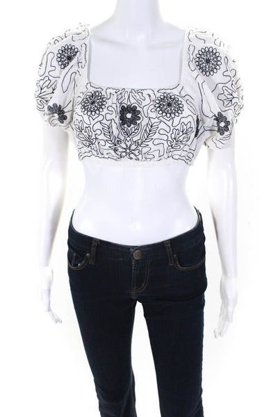 Free People Womens Embroidered Square Neck Puff Sleeve Crop Top White Black XS