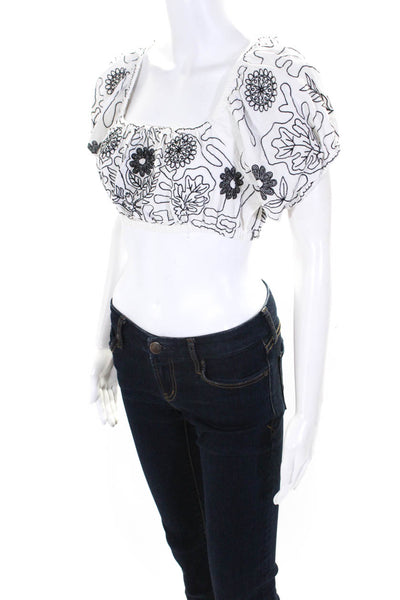 Free People Womens Embroidered Square Neck Puff Sleeve Crop Top White Black XS