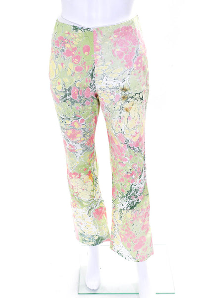 Lefty Womens Elastic Waist Marbled Print Flare Pants Pink Yellow Green Size XS