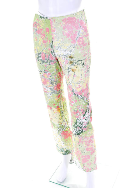 Lefty Womens Elastic Waist Marbled Print Flare Pants Pink Yellow Green Size XS