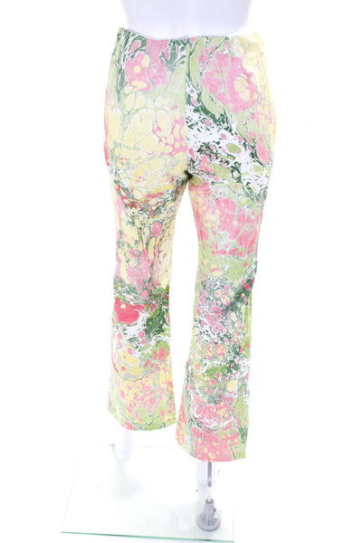 Lefty Womens Elastic Waist Marbled Print Flare Pants Pink Yellow Green Size XS