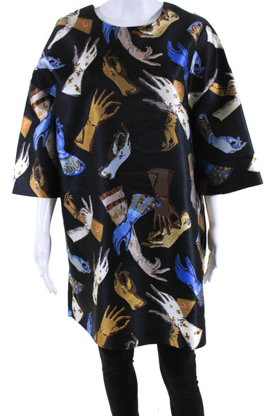 Rochas Womens Silk Blend Gloves Print 2015 Dress Black Multi Colored Size EUR 38