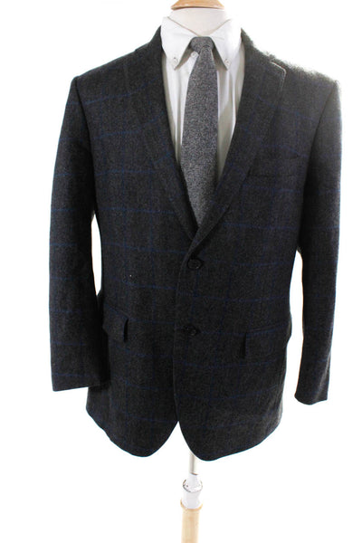 Davide Cenci Men's Wool Herringbone Plaid Two Button Blazer Gray Size 52