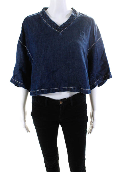 Bottega Veneta Womens Fluid Denim Chambray Top Stitched V-Neck Crop Top Blouse B