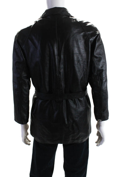 Charles Klein Mens Front Zip Belted Collared Leather Jacket Black Size Small