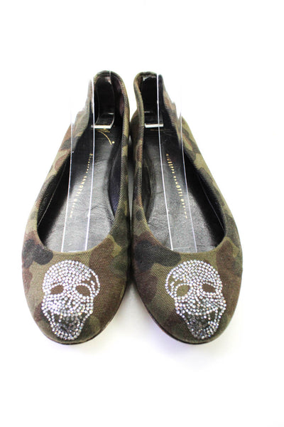 Giuseppe Zanotti Design Womens Crystal Skull Camouflage Ballet Flats Green 35.5