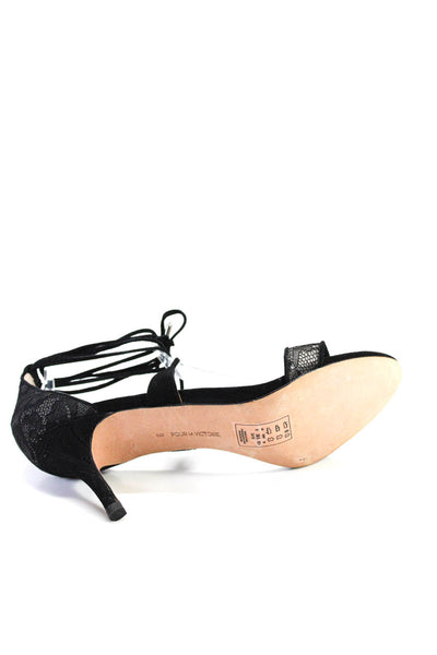Pour la Victoire Womens Suede Lace Trim Open Toe Strappy Heels Black Size 9M