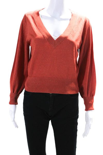 Intermix Womens Metallic V Neck Pullover Sweater Orange Size Small