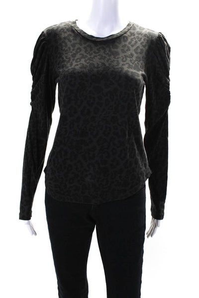 LNA Womens Long Sleeve Leopard Print Crew Neck Top Tee Shirt Black Gray Size XS