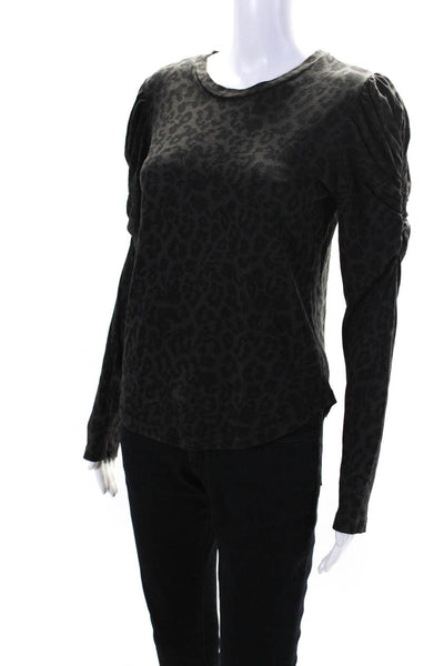 LNA Womens Long Sleeve Leopard Print Crew Neck Top Tee Shirt Black Gray Size XS