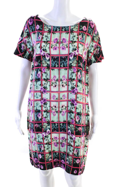 Mary Katrantzou Womens Floral Window Short Sleeve Shift Dress Black Green Pink 6