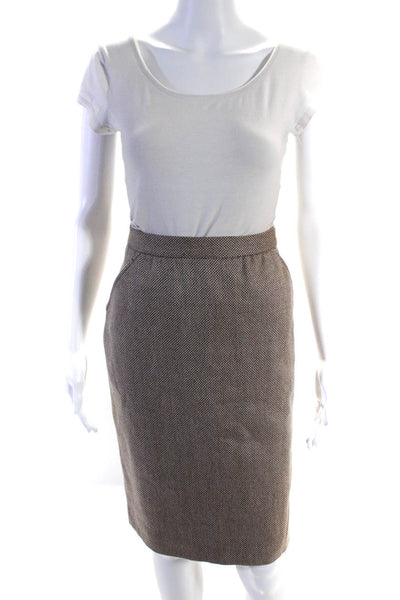 Burberrys Womens Herringbone Knee Length Pencil Skirt Brown Ivory Wool Size 10