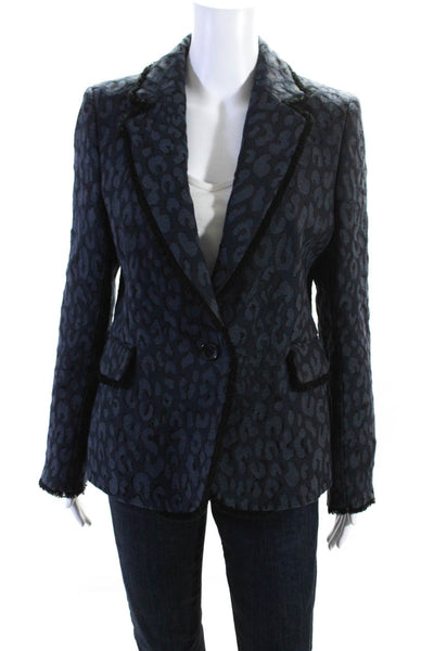 Helene London Womens Leopard Jacquard Fringe Blazer Jacket Navy Blue Size Large