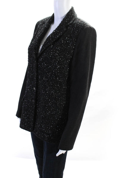 Designer Womens Twill Sleeve Boucle Snap Blazer Jacket Black Gray Size 12