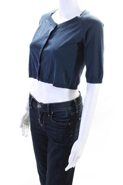 S Max Mara Womens Short Sleeve Crop Button Up Cardigan Sweater Blue Size Small