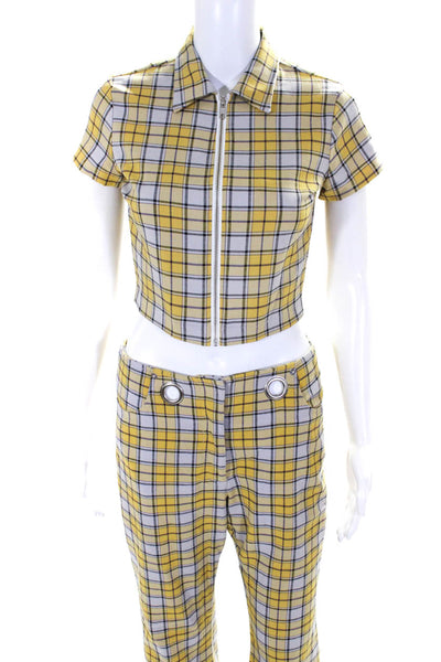 Miaou Womens Plaid Morgan Flare Short Sleeve Crop Top Pants Set Yellow Size 29 S