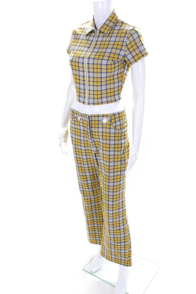 Miaou Womens Plaid Morgan Flare Short Sleeve Crop Top Pants Set Yellow Size 29 S