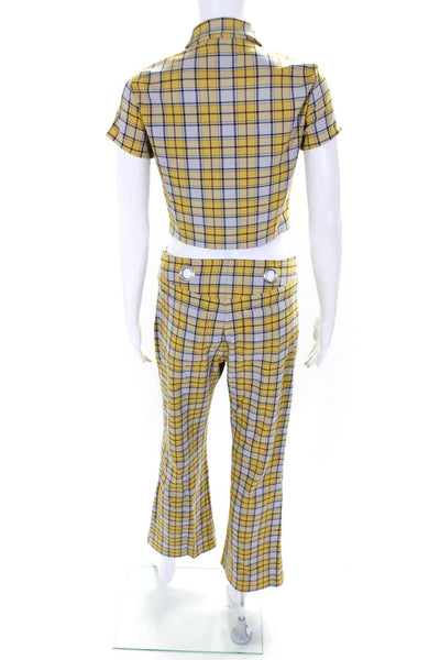 Miaou Womens Plaid Morgan Flare Short Sleeve Crop Top Pants Set Yellow Size 29 S