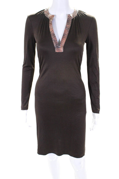 Hanley Womens Silk Jersey Knit Snakeskin Embossed Trim A-Line Dress Brown Size S
