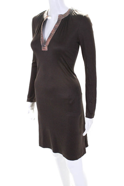 Hanley Womens Silk Jersey Knit Snakeskin Embossed Trim A-Line Dress Brown Size S