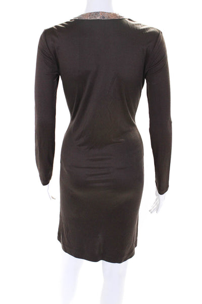 Hanley Womens Silk Jersey Knit Snakeskin Embossed Trim A-Line Dress Brown Size S