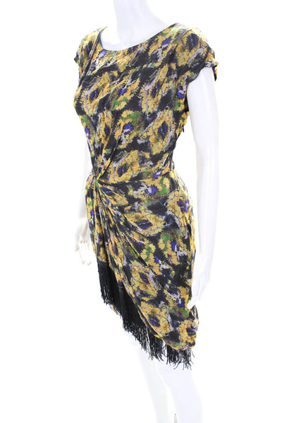 Thakoon Womens Chiffon Abstract Printed Fringe Trim Sheath Dress Yellow Size 2