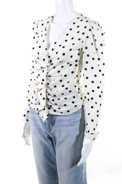 Intermix Women's Silk Polka Dot V-Neck Long Sleeve Ruffle Blouse White Size 0