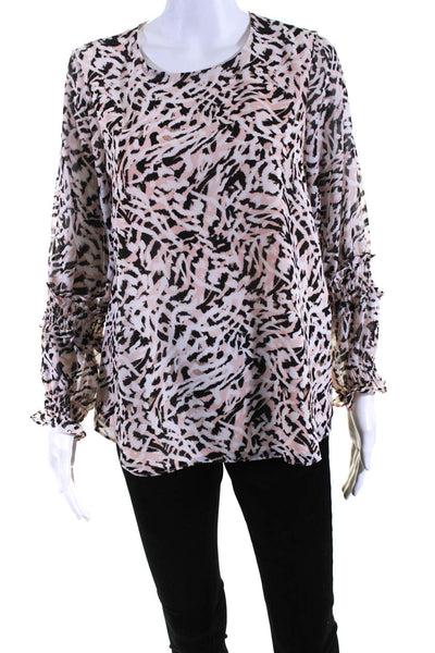 Calvin Klein Womens Long Smocked Sleeve Animal Print Shirt Pink Black Size Small