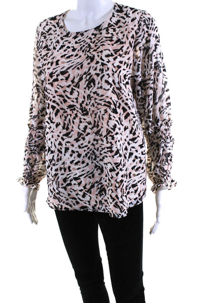 Calvin Klein Womens Long Smocked Sleeve Animal Print Shirt Pink Black Size Small