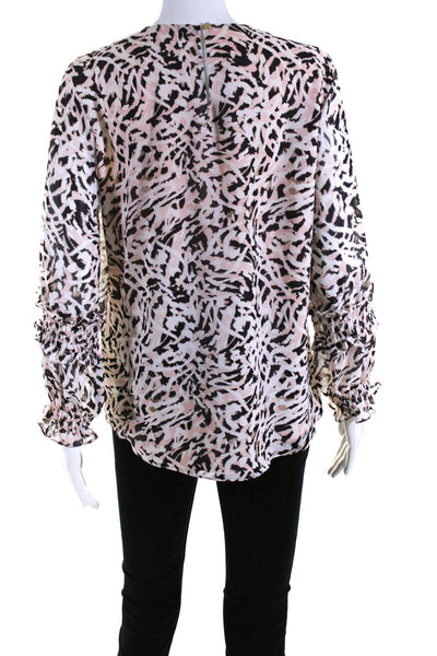 Calvin Klein Womens Long Smocked Sleeve Animal Print Shirt Pink Black Size Small