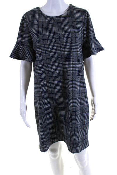 Calvin Klein Womens Back Zip Short Sleeve Glen Plaid Sheath Dress Blue Gray 8